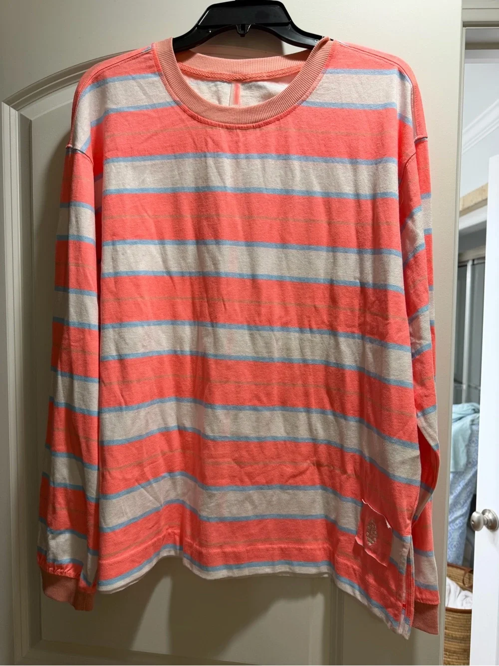 Free People Coral, White & Light Blue Striped Long Sleeve Tee